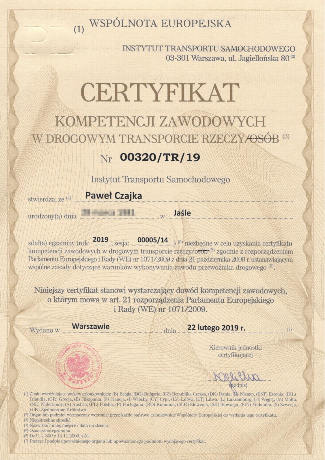 certyfikat kompetencji zawodowych w drogowym transporcie rzeczy